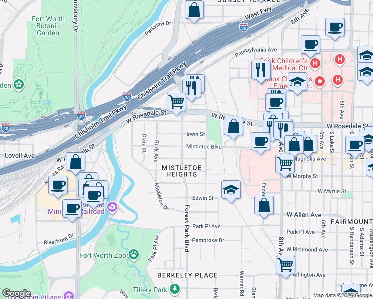 map of restaurants, bars, coffee shops, grocery stores, and more near 2229 Mistletoe Boulevard in Fort Worth