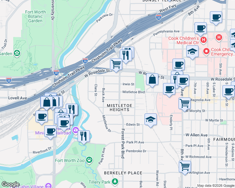 map of restaurants, bars, coffee shops, grocery stores, and more near 2311 Mistletoe Boulevard in Fort Worth