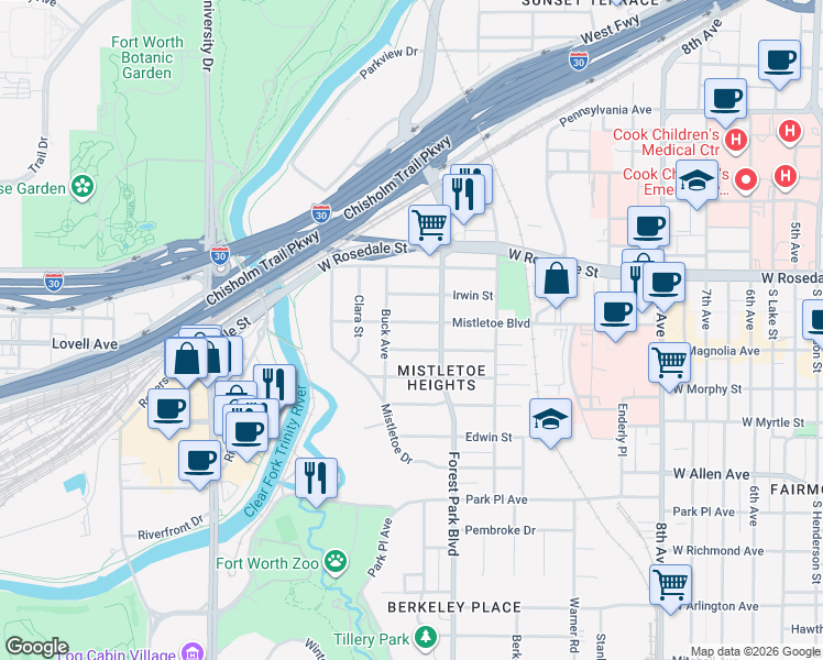 map of restaurants, bars, coffee shops, grocery stores, and more near 2311 Mistletoe Boulevard in Fort Worth