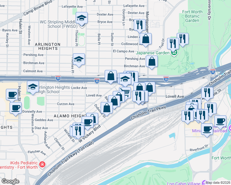map of restaurants, bars, coffee shops, grocery stores, and more near 3844 Valentine Street in Fort Worth