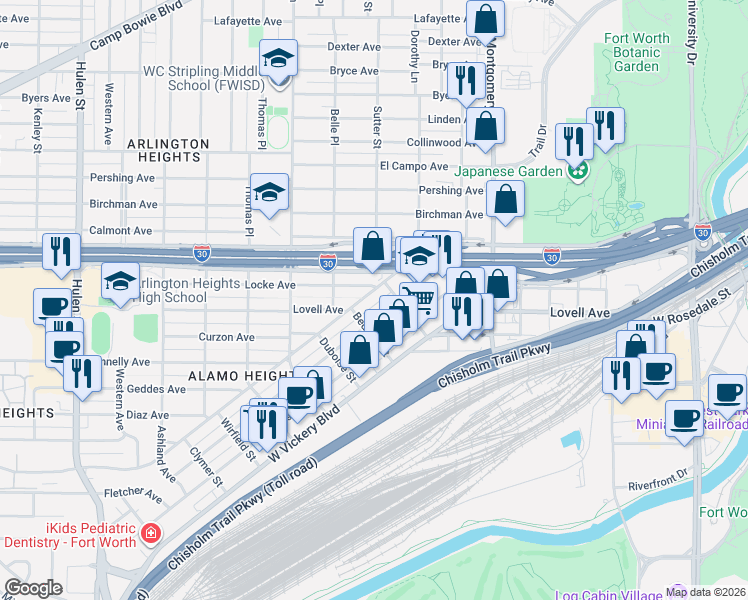 map of restaurants, bars, coffee shops, grocery stores, and more near 3909 Locke Avenue in Fort Worth