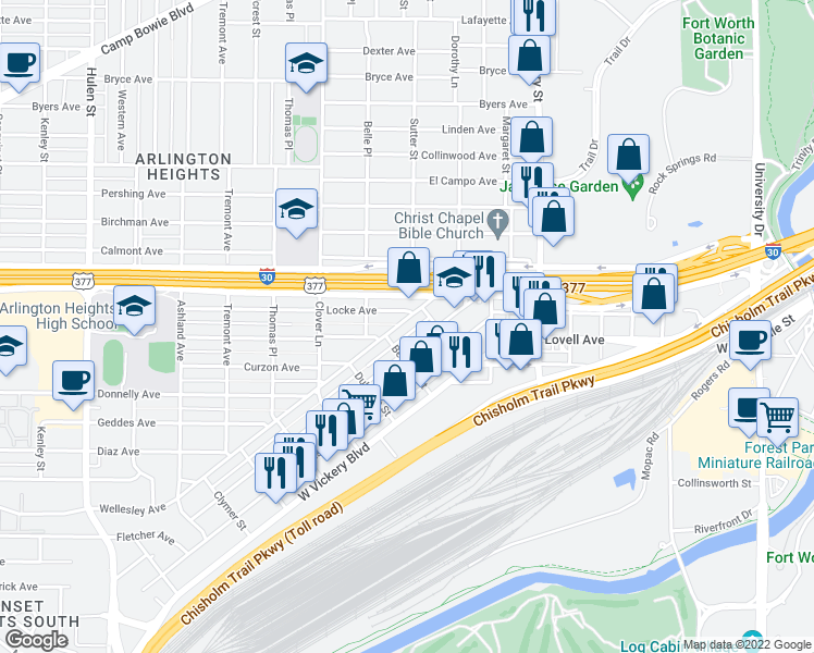 map of restaurants, bars, coffee shops, grocery stores, and more near 3909 Locke Avenue in Fort Worth
