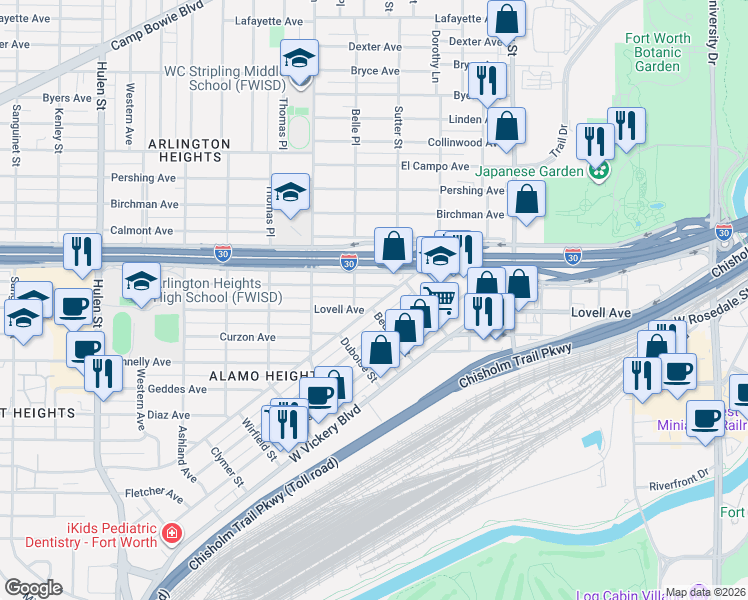 map of restaurants, bars, coffee shops, grocery stores, and more near 3909 Locke Avenue in Fort Worth