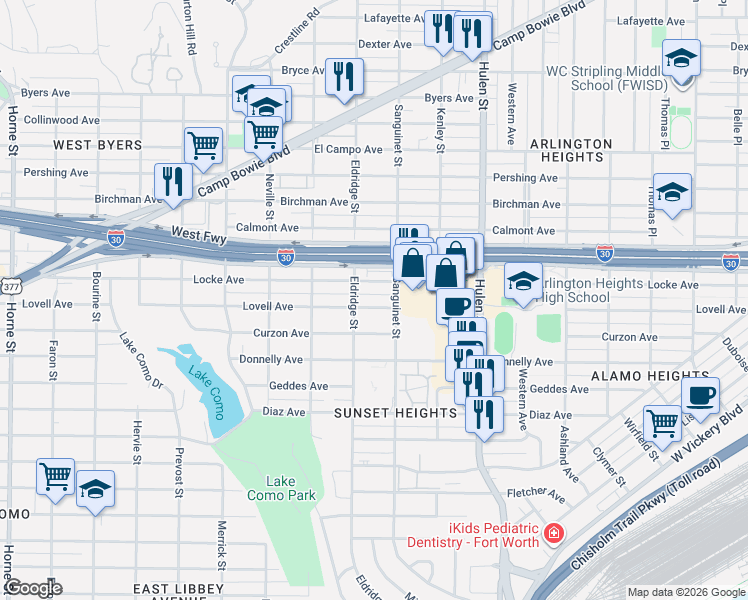 map of restaurants, bars, coffee shops, grocery stores, and more near 4808 Lovell Avenue in Fort Worth