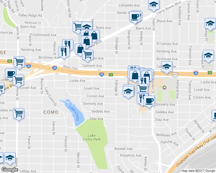 map of restaurants, bars, coffee shops, grocery stores, and more near 2909 Penticost Street in Fort Worth