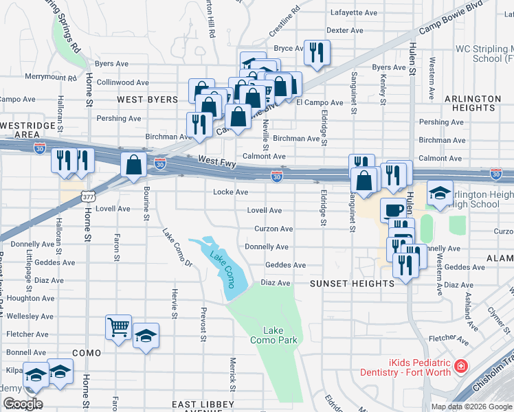 map of restaurants, bars, coffee shops, grocery stores, and more near 5120 Lovell Avenue in Fort Worth