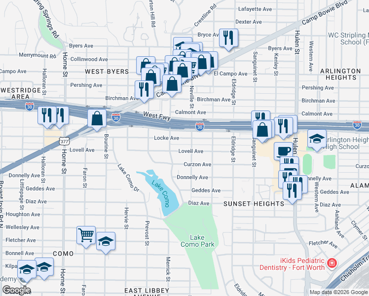 map of restaurants, bars, coffee shops, grocery stores, and more near 5120 Lovell Avenue in Fort Worth