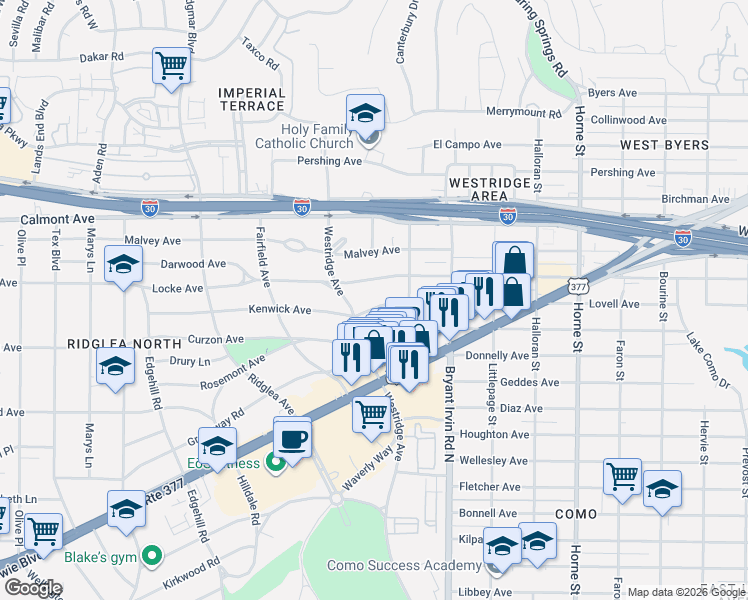 map of restaurants, bars, coffee shops, grocery stores, and more near 6108 Kenwick Avenue in Fort Worth