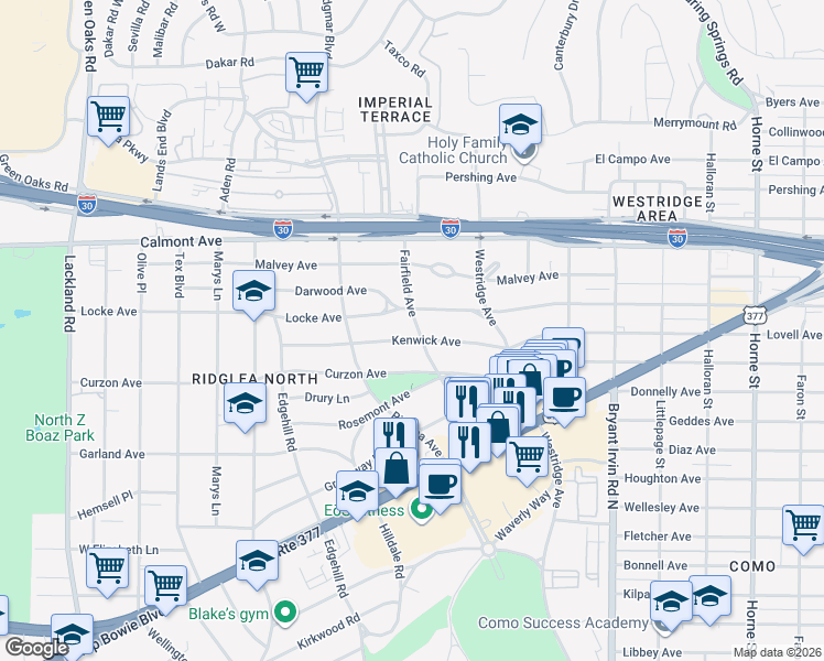 map of restaurants, bars, coffee shops, grocery stores, and more near 6309 Locke Avenue in Fort Worth