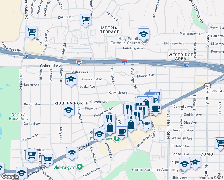 map of restaurants, bars, coffee shops, grocery stores, and more near 6309 Locke Avenue in Fort Worth