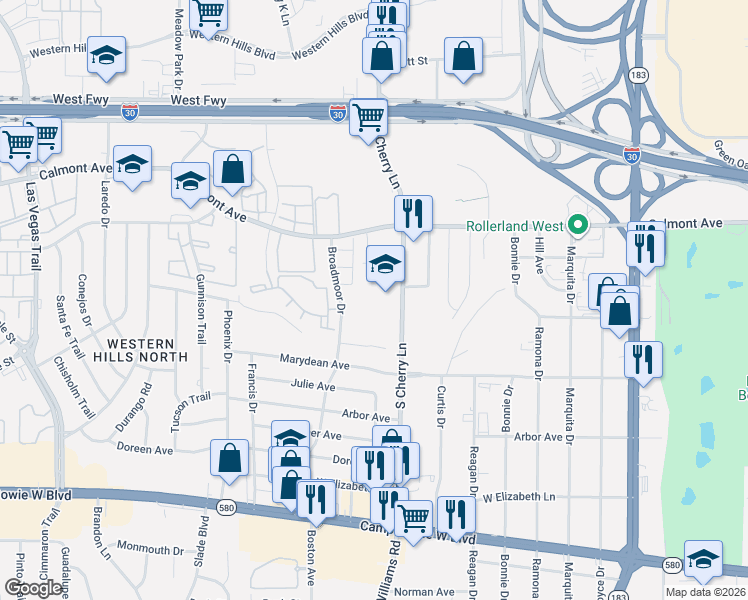 map of restaurants, bars, coffee shops, grocery stores, and more near 3000 South Cherry Lane in Benbrook