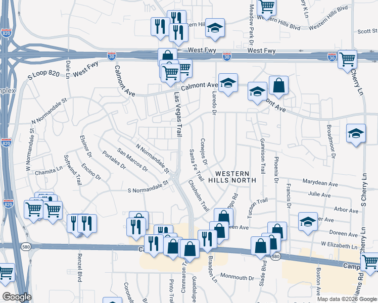 map of restaurants, bars, coffee shops, grocery stores, and more near 3000 Santa Fe Trail in Fort Worth