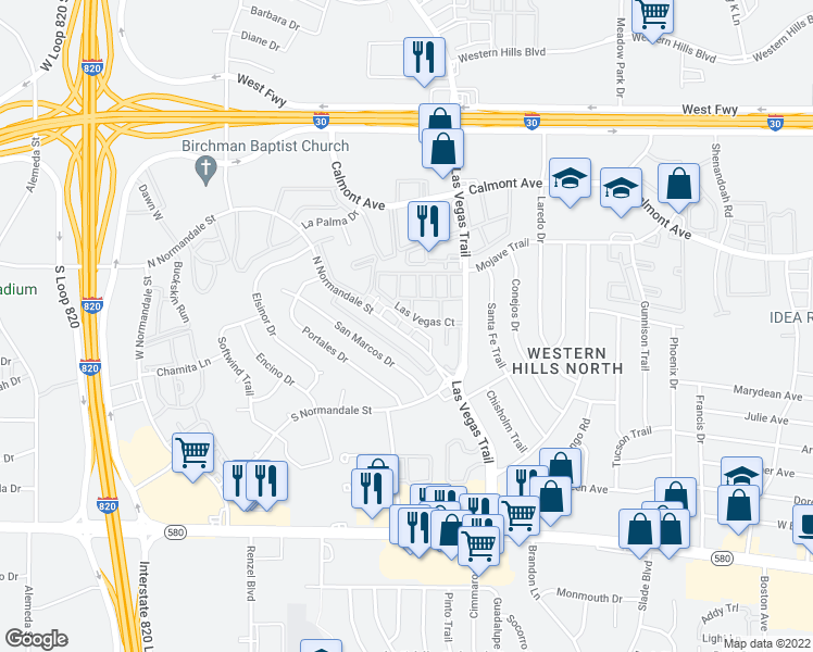 map of restaurants, bars, coffee shops, grocery stores, and more near 8685 Las Vegas Court in Fort Worth