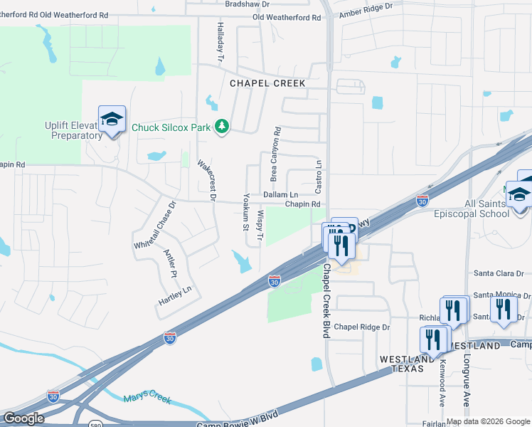 map of restaurants, bars, coffee shops, grocery stores, and more near 2905 Wispy Tr in Fort Worth
