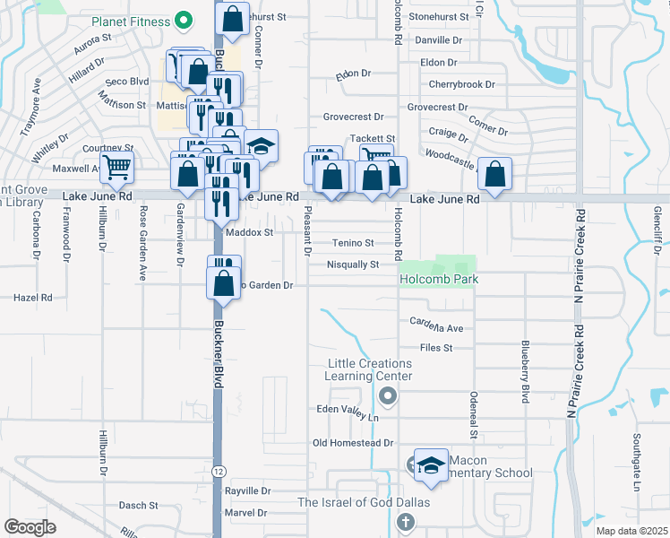 map of restaurants, bars, coffee shops, grocery stores, and more near 8328 Nisqually Street in Dallas