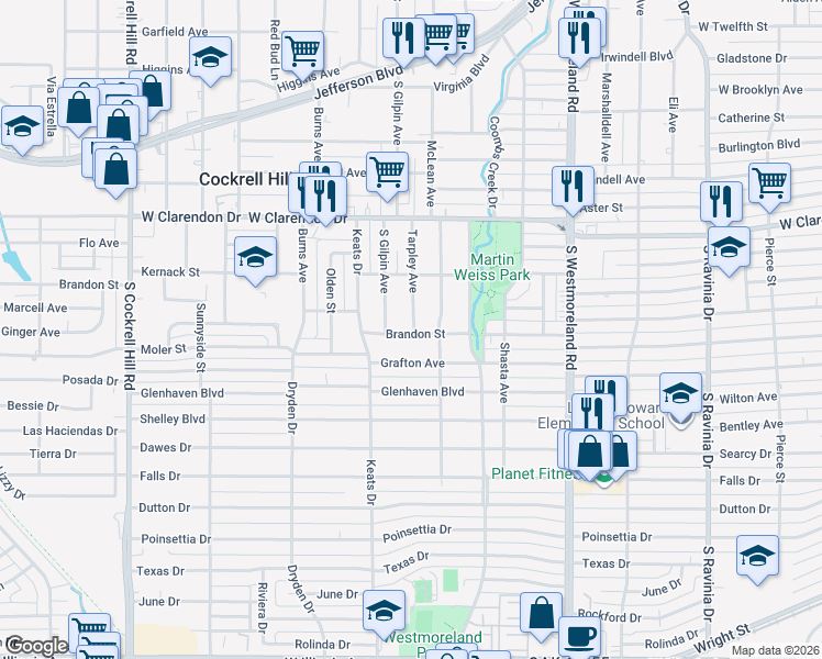 map of restaurants, bars, coffee shops, grocery stores, and more near 3627 Brandon Street in Dallas