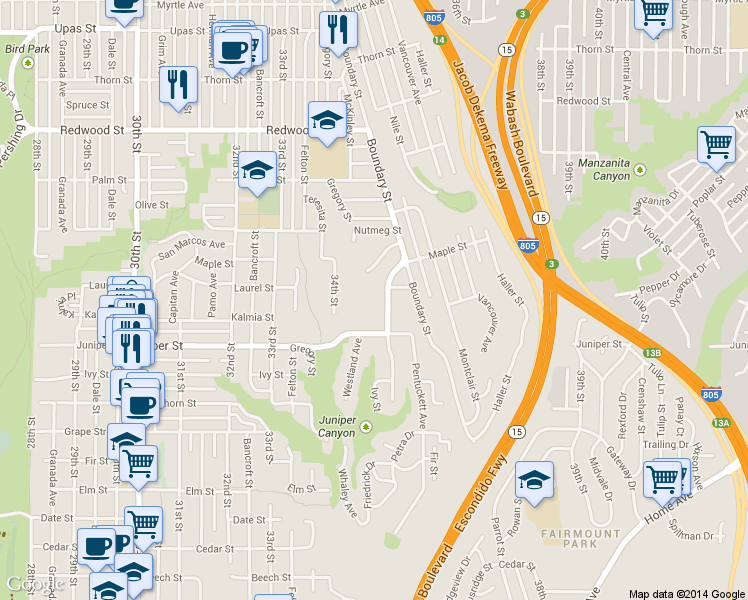 map of restaurants, bars, coffee shops, grocery stores, and more near 2424 Commonwealth Avenue in San Diego