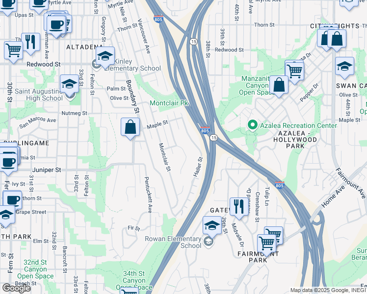 map of restaurants, bars, coffee shops, grocery stores, and more near 2371-73 Vancouver Avenue in San Diego