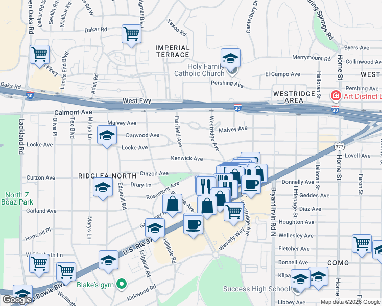 map of restaurants, bars, coffee shops, grocery stores, and more near 6236 Kenwick Avenue in Fort Worth