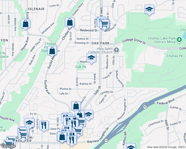 map of restaurants, bars, coffee shops, grocery stores, and more near 5335 Oak Park Drive in San Diego