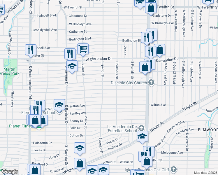 map of restaurants, bars, coffee shops, grocery stores, and more near 2627 Grafton Avenue in Dallas