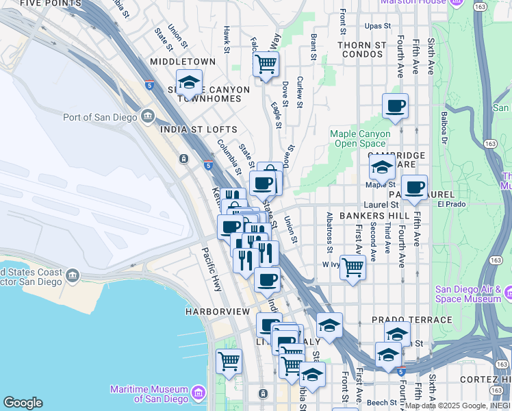 map of restaurants, bars, coffee shops, grocery stores, and more near 2545 Columbia Street in San Diego