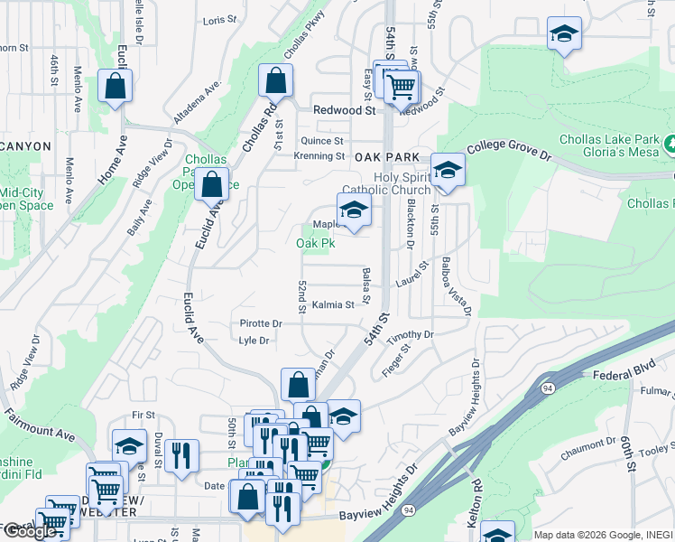 map of restaurants, bars, coffee shops, grocery stores, and more near 5251 Oak Park Drive in San Diego