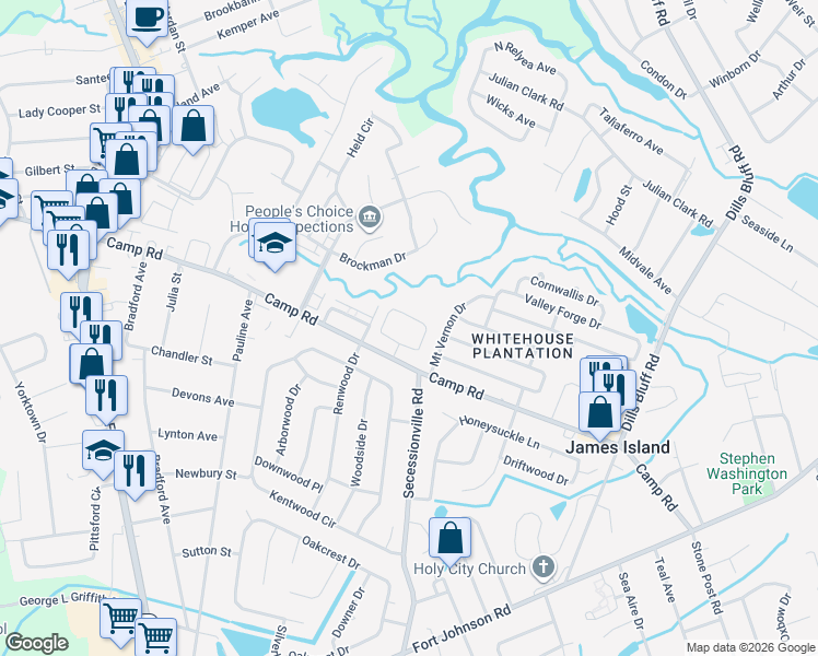 map of restaurants, bars, coffee shops, grocery stores, and more near 1402 Camp Road in Charleston