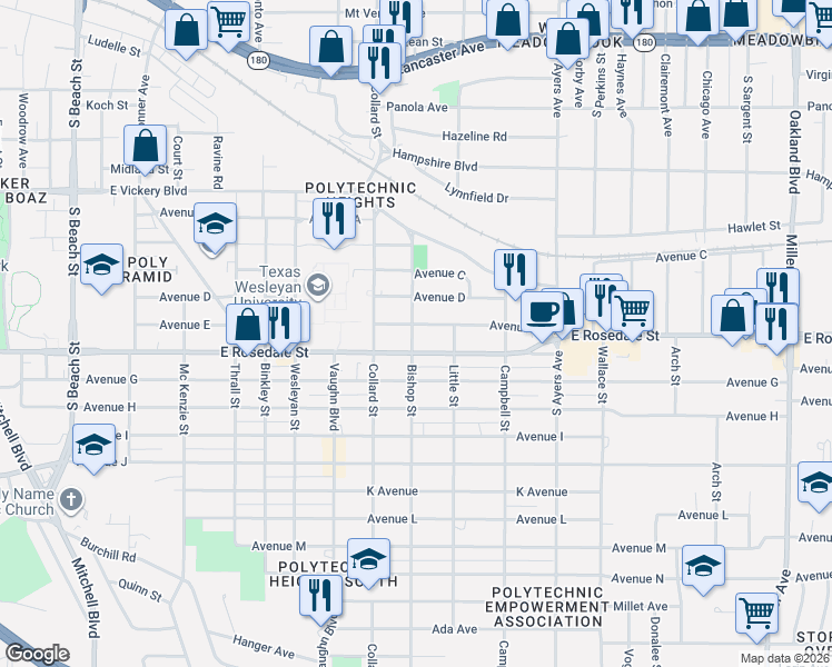 map of restaurants, bars, coffee shops, grocery stores, and more near 3400 Avenue East in Fort Worth