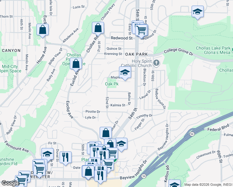 map of restaurants, bars, coffee shops, grocery stores, and more near 5251 Oak Park Dr in San Diego