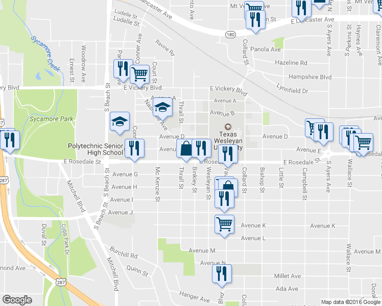 map of restaurants, bars, coffee shops, grocery stores, and more near 2918 Avenue East in Fort Worth