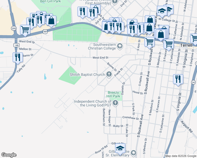 map of restaurants, bars, coffee shops, grocery stores, and more near 601 Bradshaw Street in Terrell