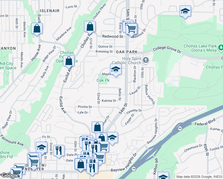 map of restaurants, bars, coffee shops, grocery stores, and more near 5251 Oak Park Drive in San Diego