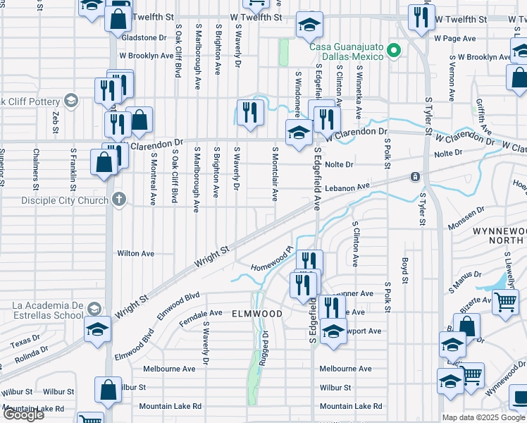 map of restaurants, bars, coffee shops, grocery stores, and more near 1620 Brandon Street in Dallas