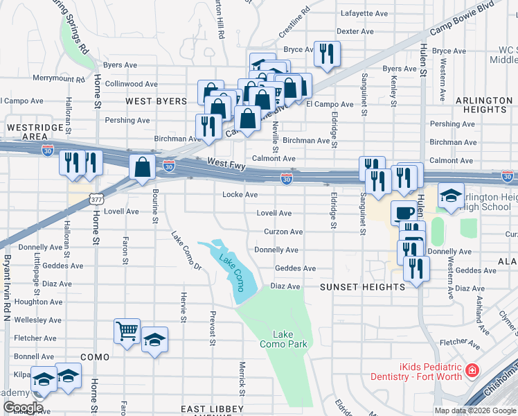 map of restaurants, bars, coffee shops, grocery stores, and more near 5120 Lovell Avenue in Fort Worth