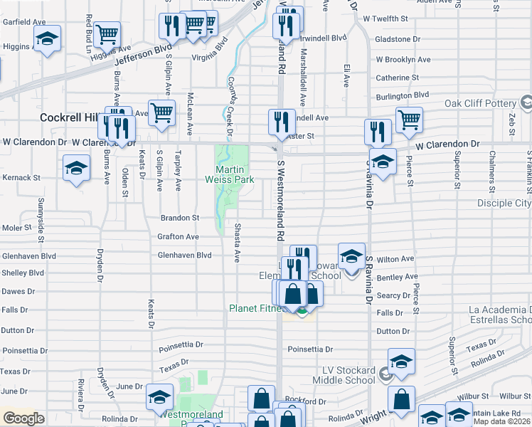 map of restaurants, bars, coffee shops, grocery stores, and more near 1239 South Westmoreland Road in Dallas