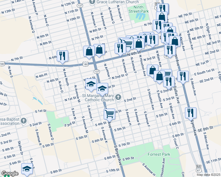 map of restaurants, bars, coffee shops, grocery stores, and more near 1001 North 1st Street in Lamesa