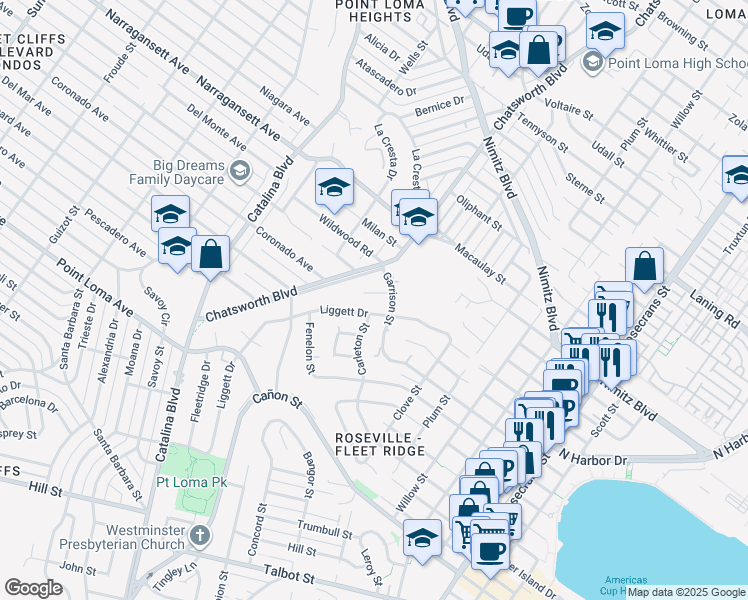 map of restaurants, bars, coffee shops, grocery stores, and more near 1529 Garrison Pl in San Diego