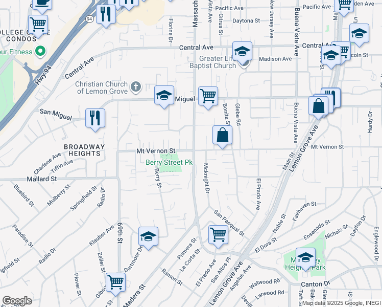 map of restaurants, bars, coffee shops, grocery stores, and more near 2390 Massachusetts Avenue in Lemon Grove