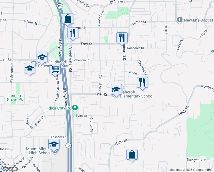 map of restaurants, bars, coffee shops, grocery stores, and more near 2449 Kings View Circle in Spring Valley
