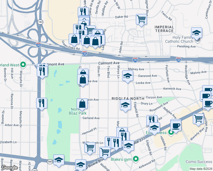 map of restaurants, bars, coffee shops, grocery stores, and more near 3012 Tex Boulevard in Fort Worth