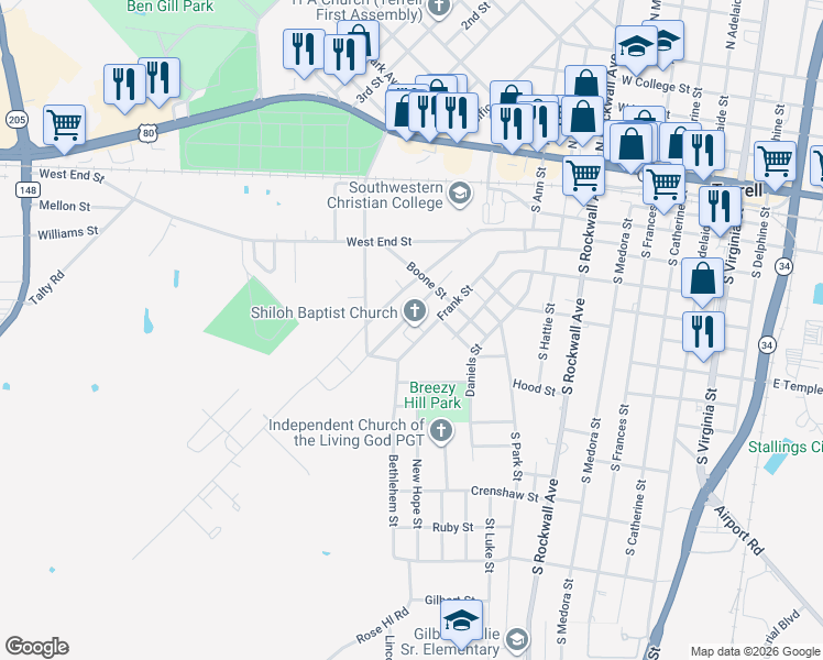map of restaurants, bars, coffee shops, grocery stores, and more near 321 Frank Street in Terrell