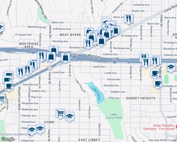 map of restaurants, bars, coffee shops, grocery stores, and more near 5300 Lovell Avenue in Fort Worth