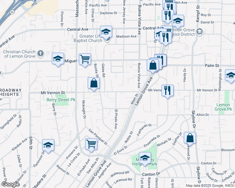 map of restaurants, bars, coffee shops, grocery stores, and more near 7405 Mount Vernon Street in Lemon Grove