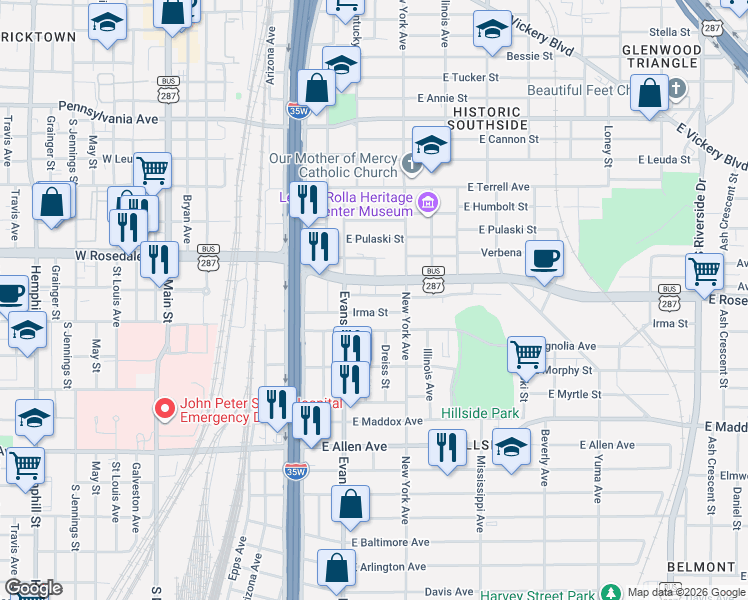 map of restaurants, bars, coffee shops, grocery stores, and more near 924 East Oleander Street in Fort Worth
