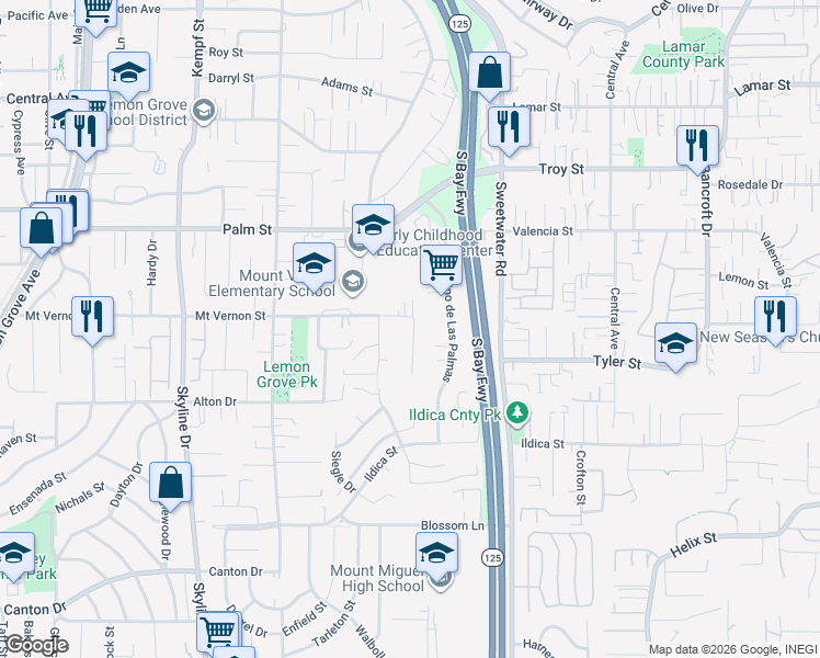 map of restaurants, bars, coffee shops, grocery stores, and more near 2368 Lawton Drive in Lemon Grove