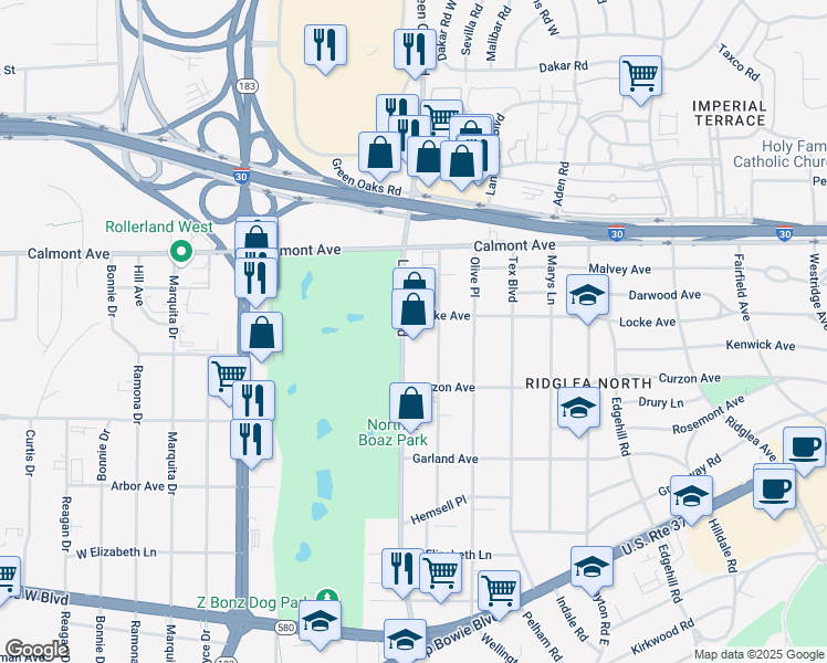 map of restaurants, bars, coffee shops, grocery stores, and more near 3007 Lackland Road in Fort Worth