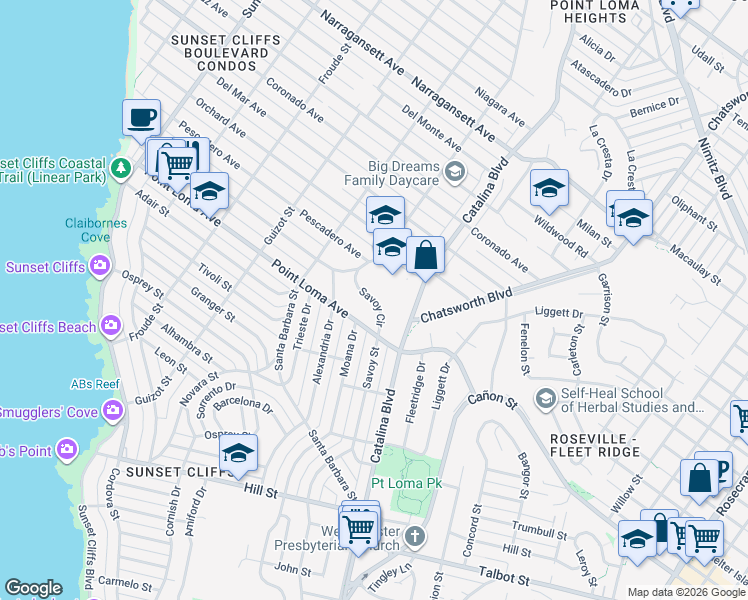 map of restaurants, bars, coffee shops, grocery stores, and more near Savoy Circle in San Diego