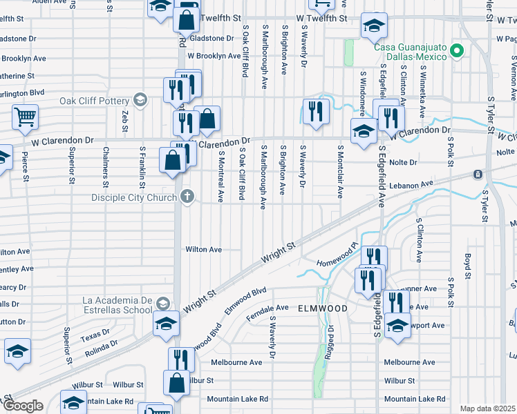 map of restaurants, bars, coffee shops, grocery stores, and more near 1303 South Marlborough Avenue in Dallas