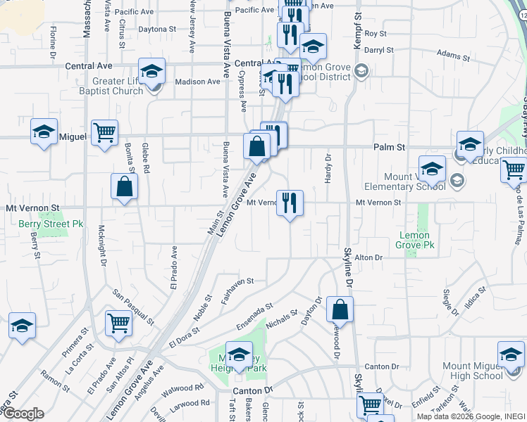 map of restaurants, bars, coffee shops, grocery stores, and more near 7747 Mount Vernon Street in Lemon Grove